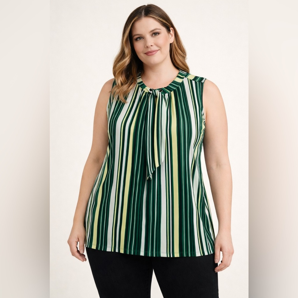 NWT Liz Claiborne Sleeveless Tie Neck Blouse Green Yellow Striped Size XXL